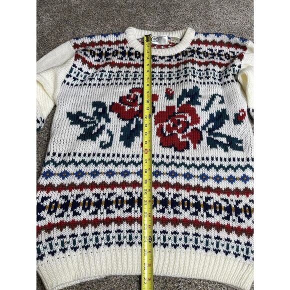 Vintage Changes Womens White Rose Floral Knit Nordic Pullover Sweater Medium - Picture 6 of 7